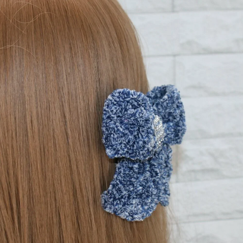 HAND CRAFTED Hair Bow Kids Crochet Chenille Velvet Hair Barrette Oversized Blue